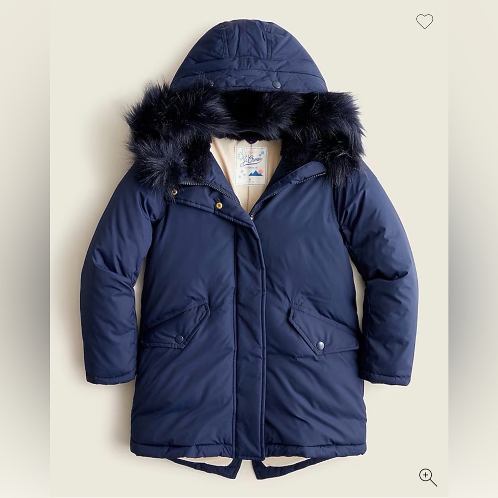 J. Crew Blue Puffer Coat with Fur Trim and Weather-Resistant Fabric